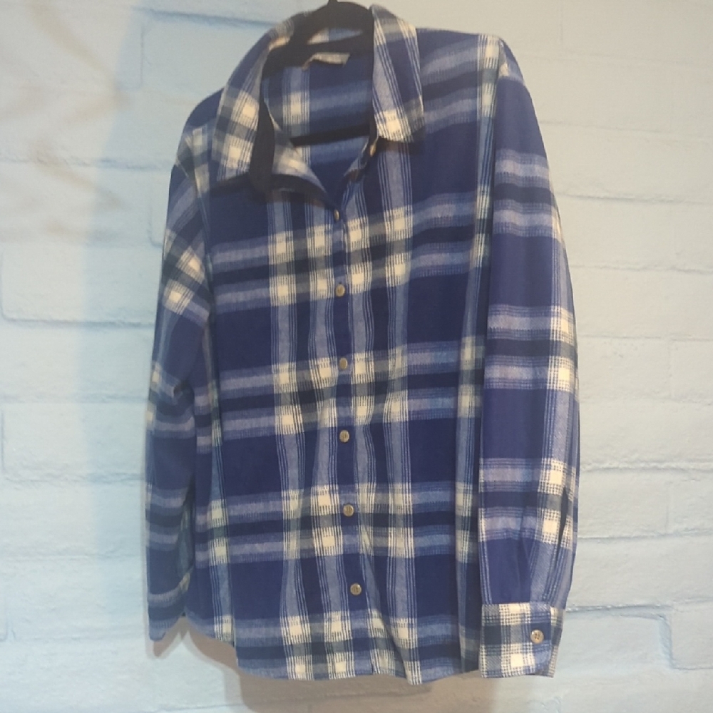 Lee Men's Blue and White Fleece Plaid Button Down Shirt